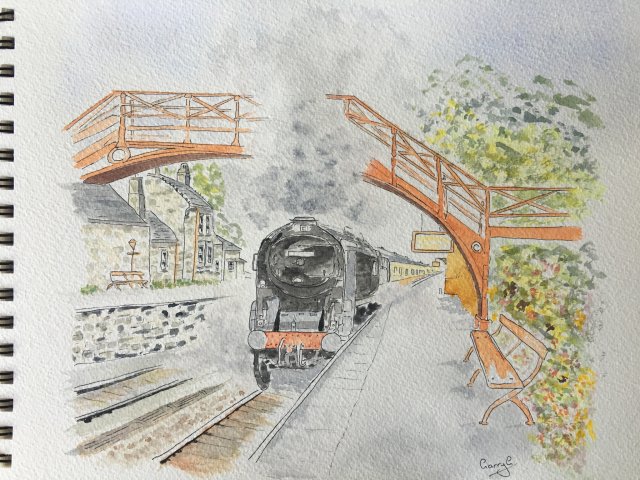 Goathland Station and steam train watercolour